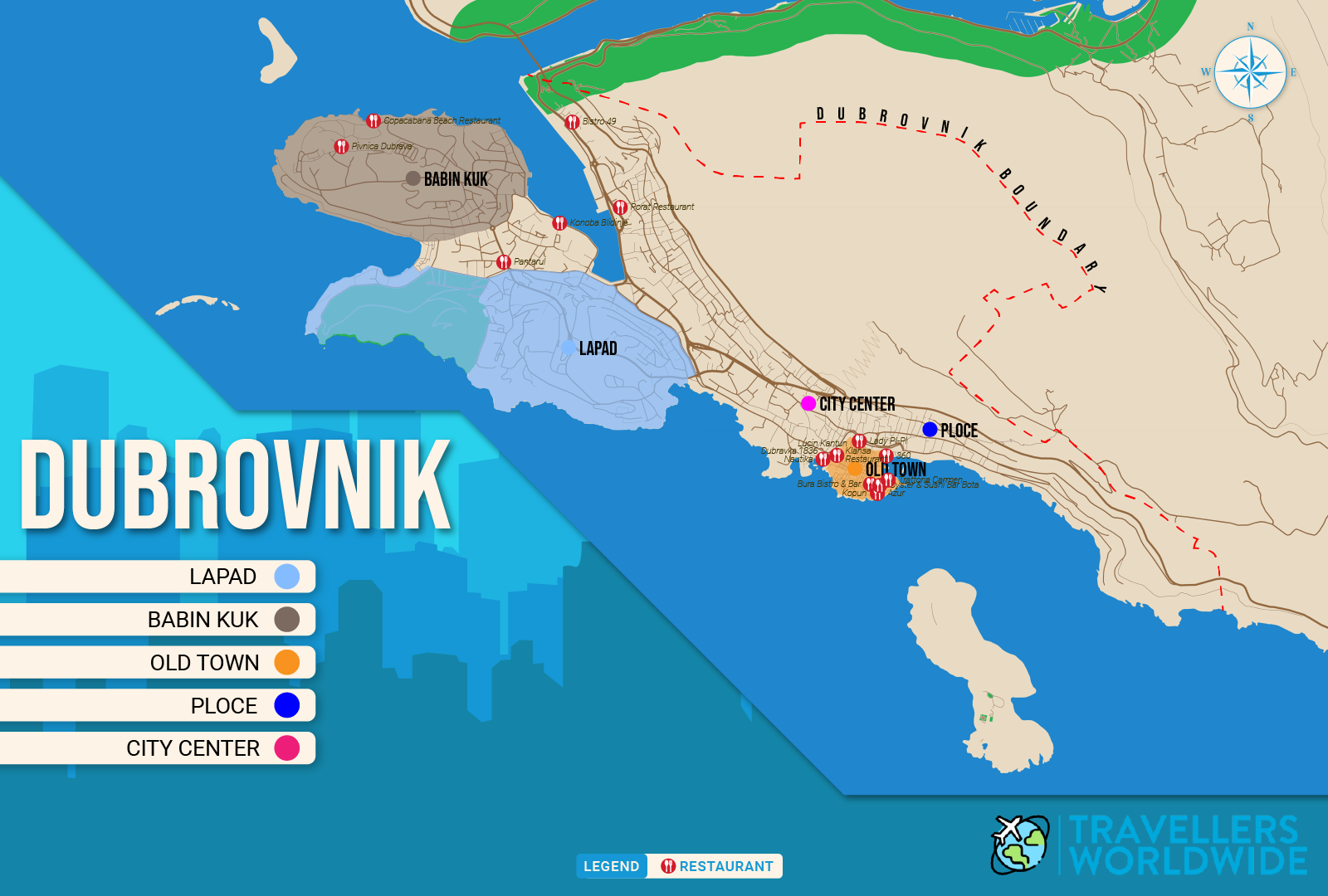 Where to Stay in Dubrovnik map featuring the 5 best areas displayed on a vector map