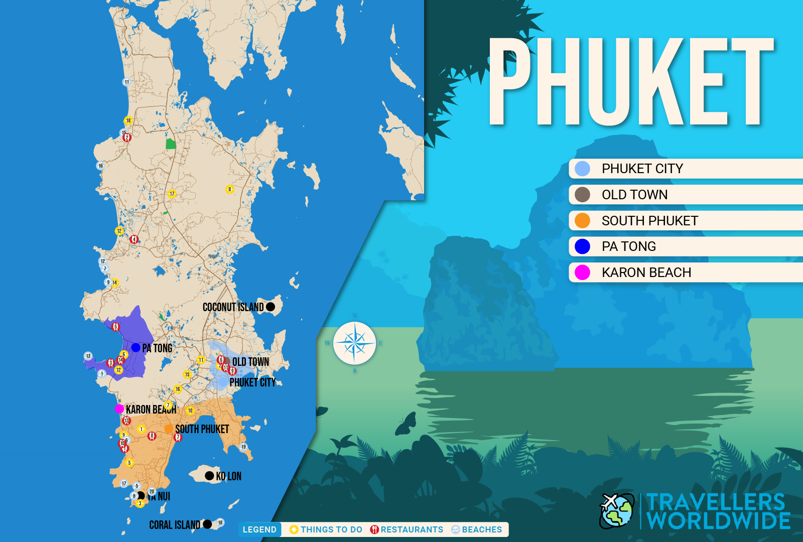 Where to Stay in Phuket map in vector format featuring the 5 best areas of town