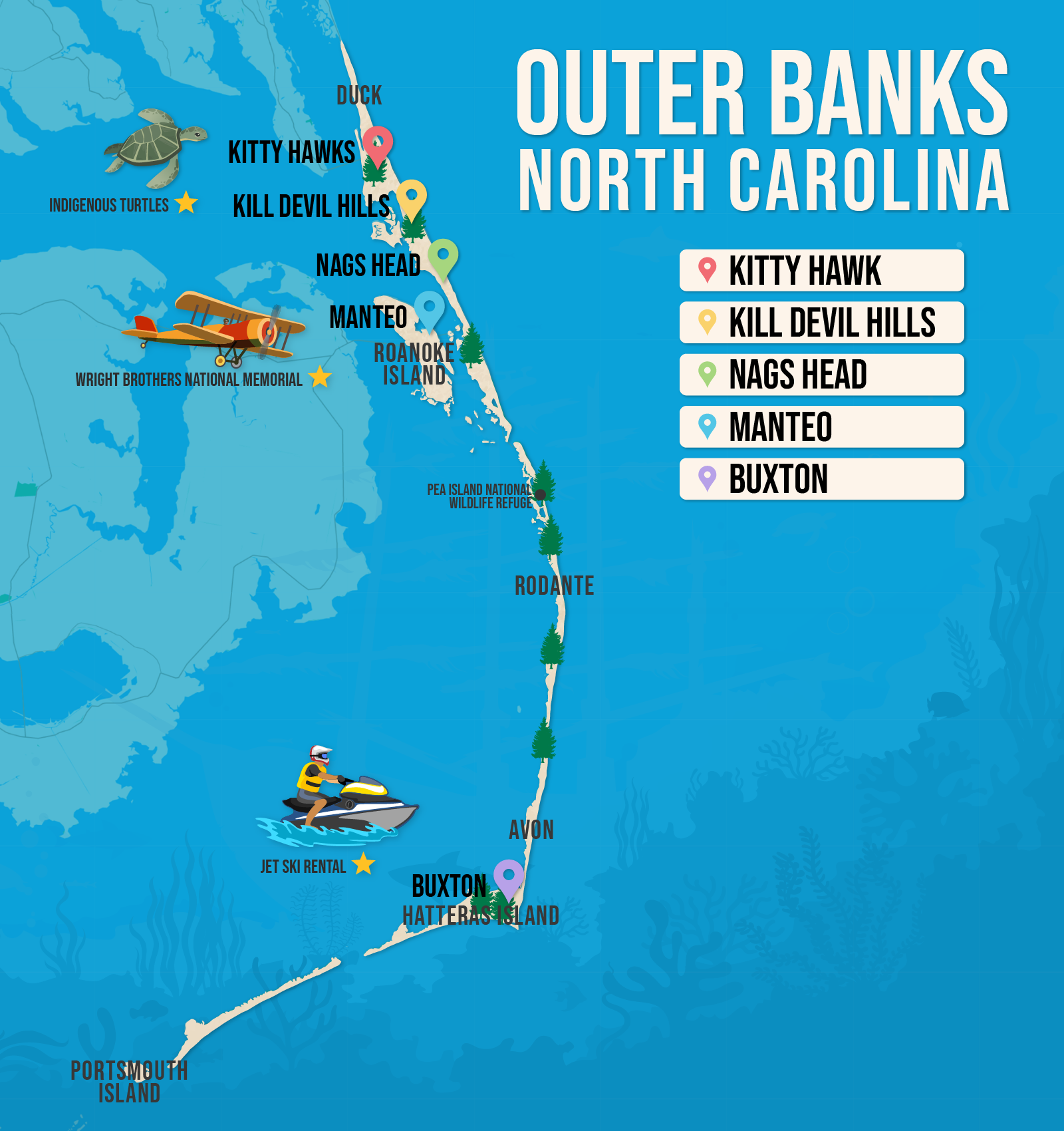 Vector map of the Outer Banks pictured with several of the best places to stay and attractions to visit