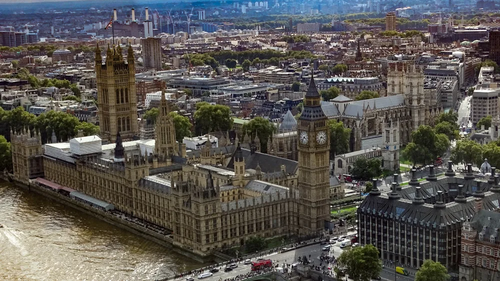 Westminister, one of the best places to stay in London, pictured from the air overlooking the river