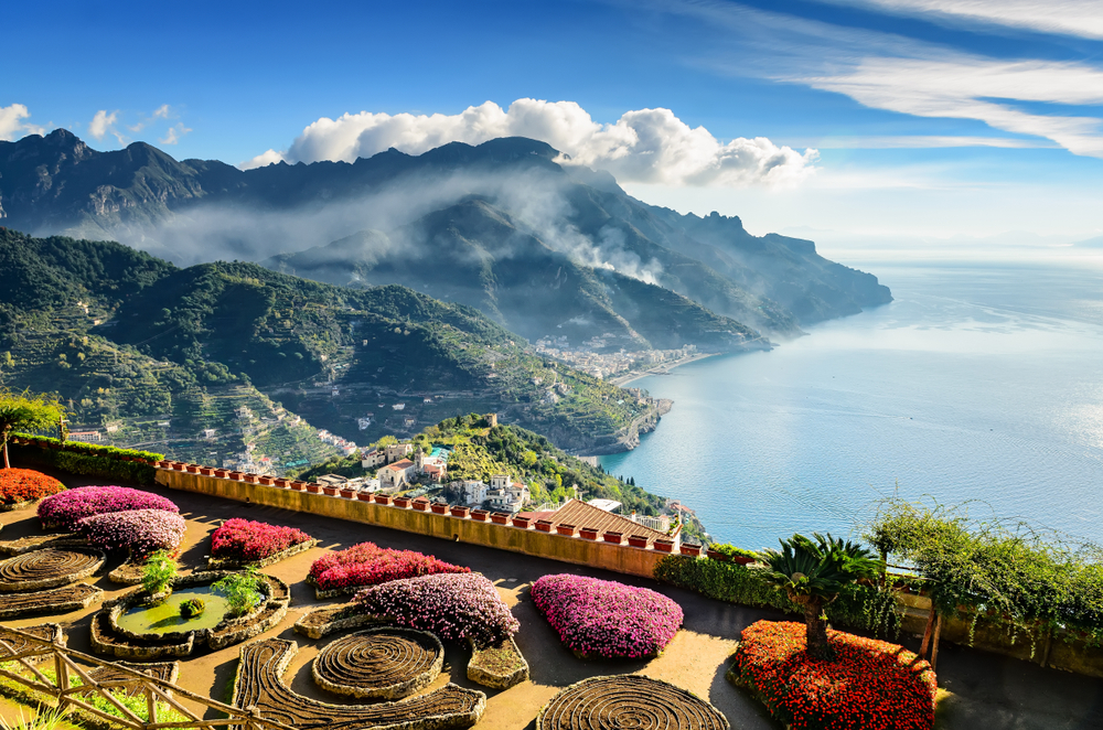Amazing view of Ravello, one of the most beautiful cities on the Amalfi Coast, pictured with fog rolling over the hills