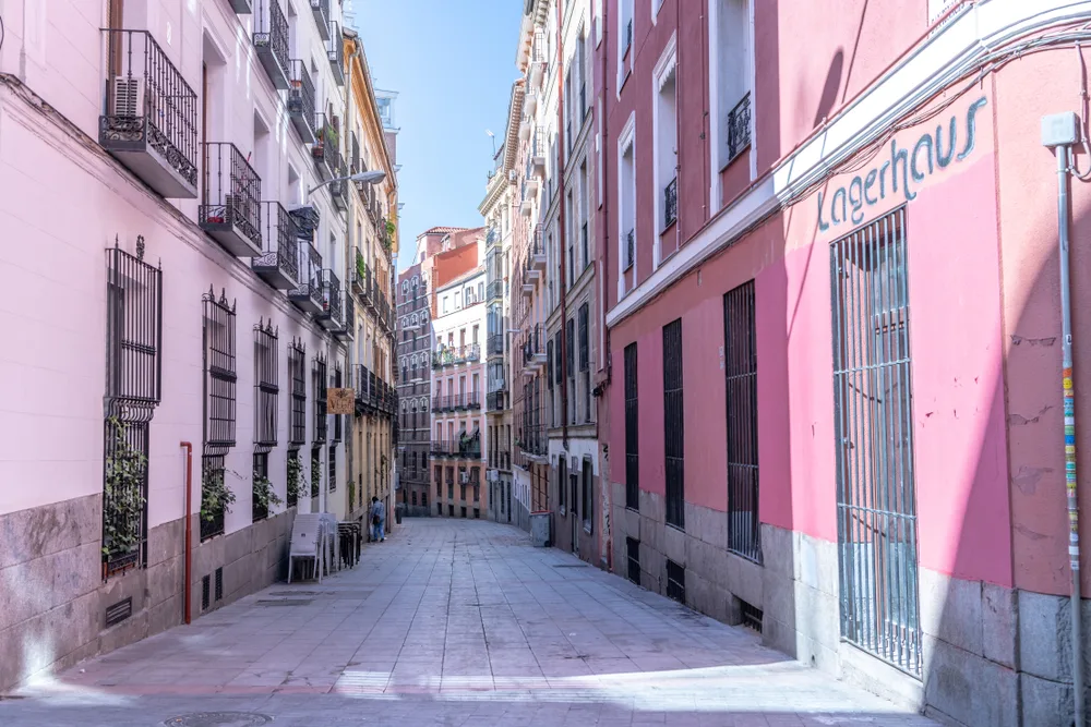 Pink buildings in the Malasana neighborhood for a piece on where to stay in Madrid