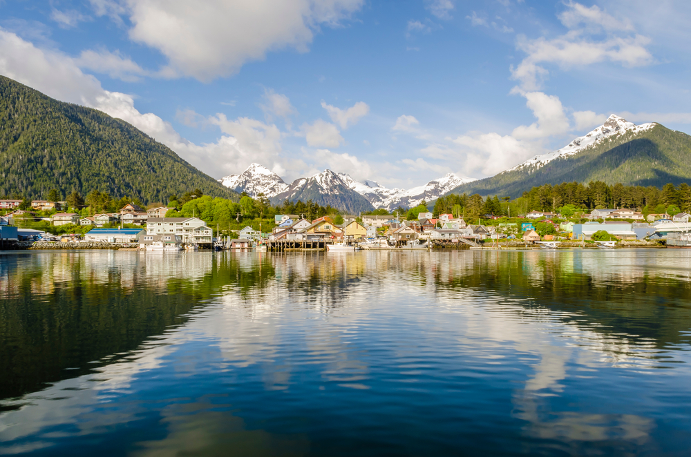 Neat view of the town of Sitka, as seen from a boat