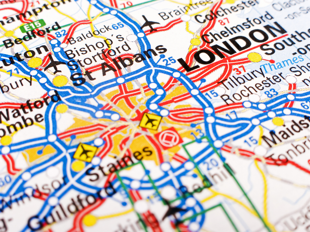 Map of the best places to stay when visiting London with lots of bright colors for the streets