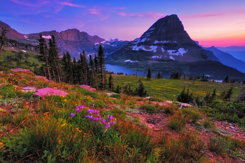 Beautiful view of a mountain in the background of Logan's Pass, as pictured from a serene hiking trail for a guide on where to stay in Glacier National Park