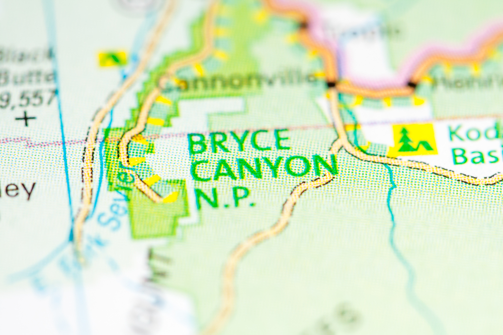 Close-up image of a map showing where to stay in Bryce Canyon National Park