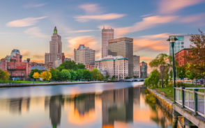 Aerial view of downtown Providence at sunset showing the best time to visit Rhode Island