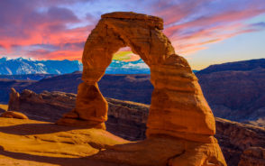 Gorgeous sunset taken at Arches National Park, pictured during the overall best time to visit Moab