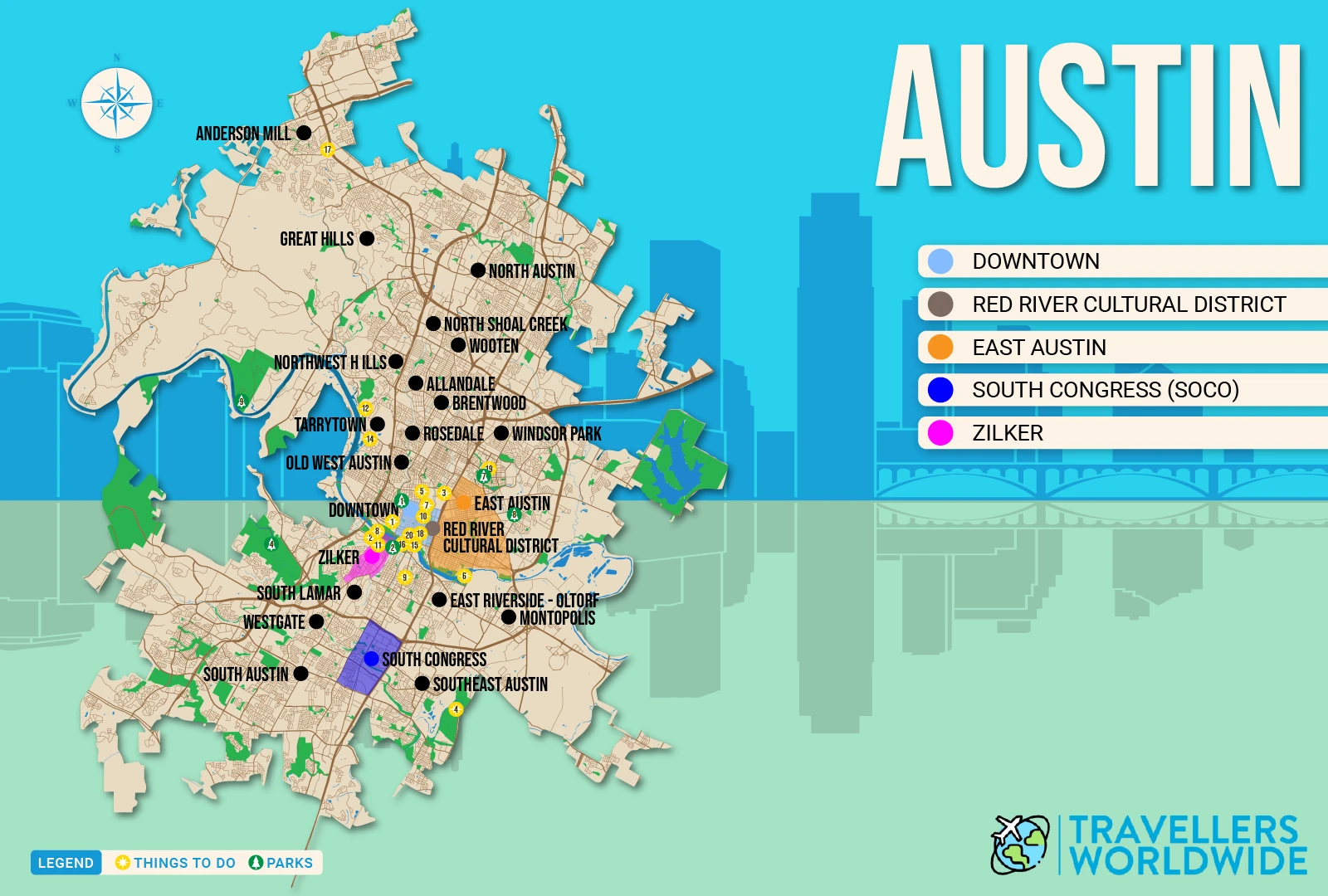 Where to Stay in Austin map in vector format featuring the 5 best areas of town