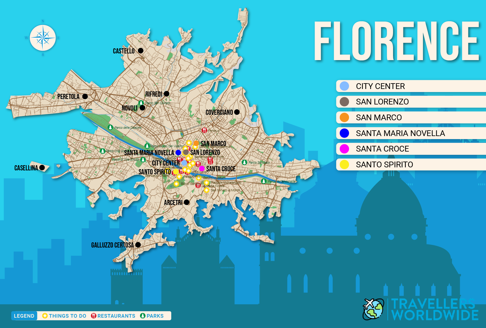 Where to Stay in Florence map in vector format featuring the 5 best areas of town