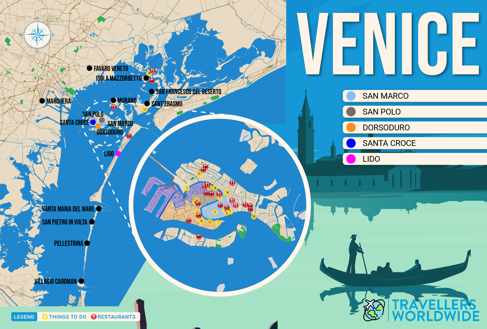 Where to Stay in Venice map in vector format featuring the 5 best areas of town