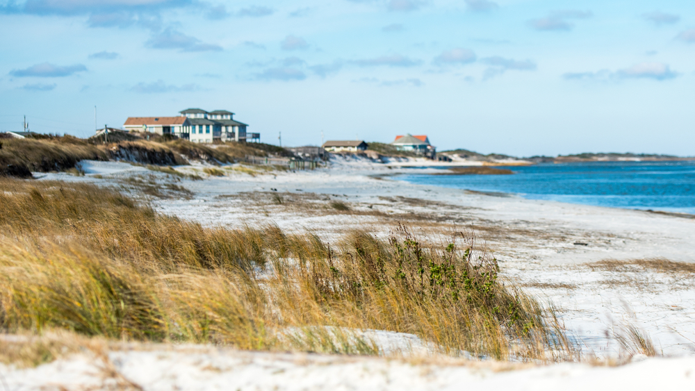 A couple beachfront homes with an amazing view of the ocean as seen in the background of a photo with wild grass growing out from the sides of a beach walkway