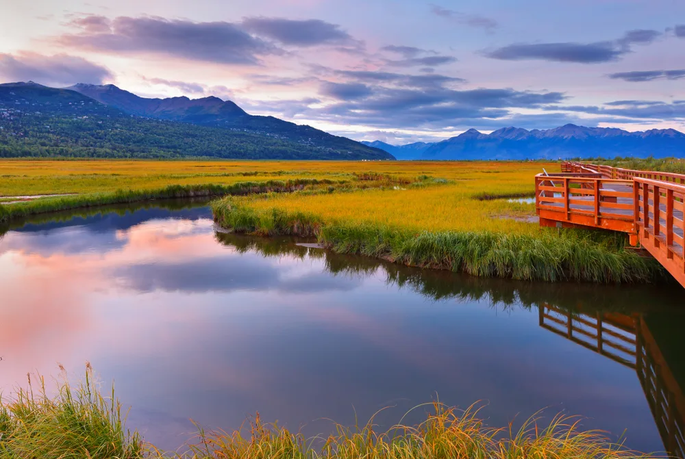 Gorgeous sunrise at Potter Marsh viewing area pictured during the summer, the best time to visit Anchorage Alaska