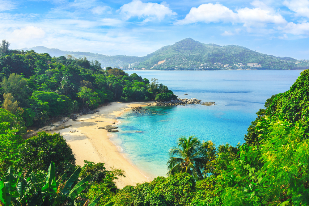 Pictured of the Andaman Sea in Phuket Island pictured from a hilltop overlooking the bay during the best time to visit
