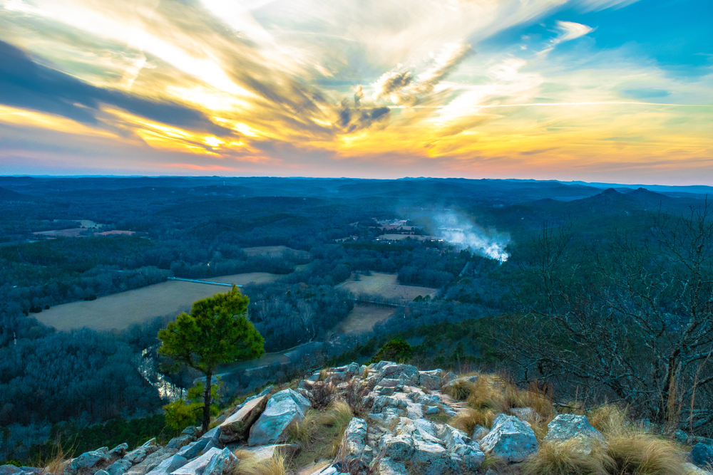 Wilderness with steam rising from hot springs at dusk showing why you should visit Hot Springs Arkansas