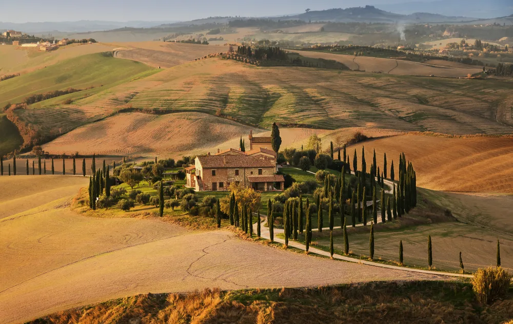 Aerial photo of a vineyard pictured during autumn during the cheapest time to visit Tuscany