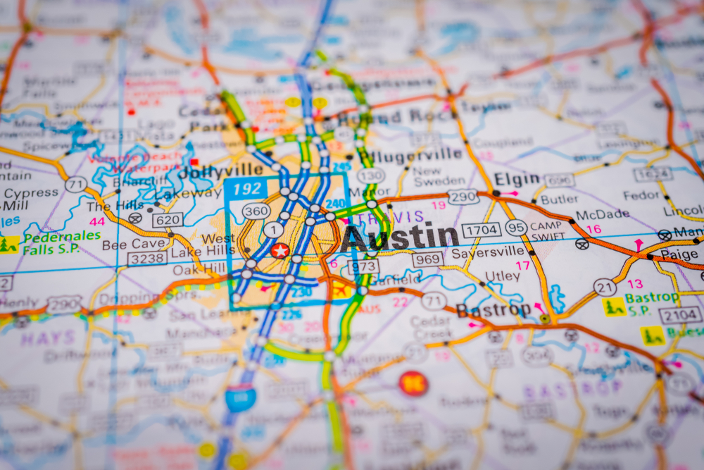 Image of a map with an upclose focus showing where to stay in Austin