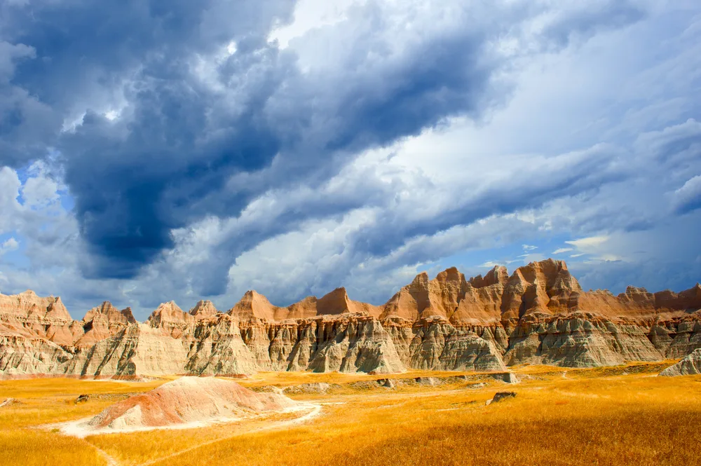 Stormy day with clouds overhead during the best time to visit Badlands National Park