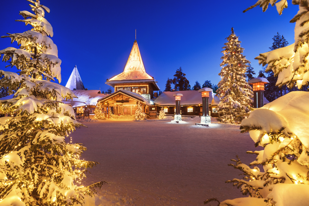 Night photo of the Santa Clause Village in Rovaniemi in Lapland, pictured during the winter, the worst time to visit Finland