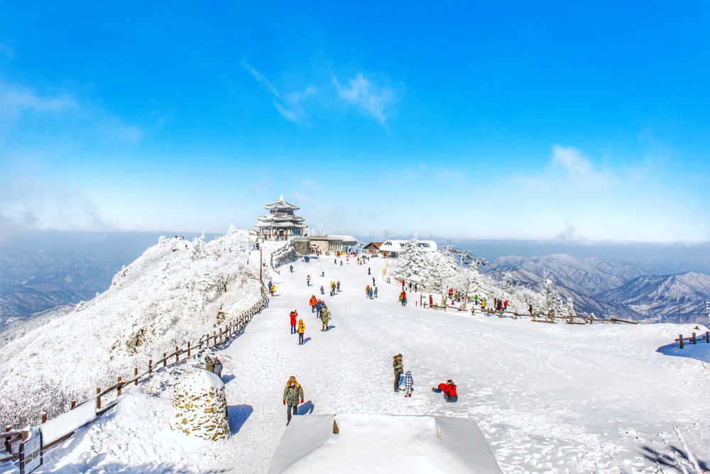 Ski resort in the winter with lots of skiers on a hill in Deokyusan during the worst time to visit South Korea