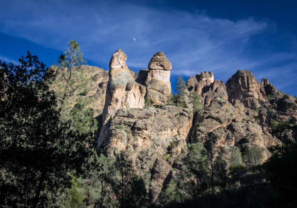 View of the monoliths against the sky depicting the least busy time to visit Pinnacles National Park