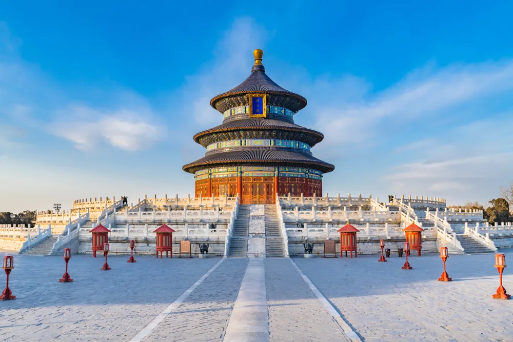 Very cold day in February in front of the Temple of Heaven in Beijing during the cheapest time to visit China