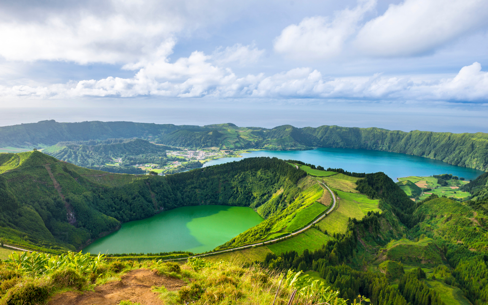 Aerial view of Ponta Delgada lake on Sao Miguel during the best time to visit the Azores