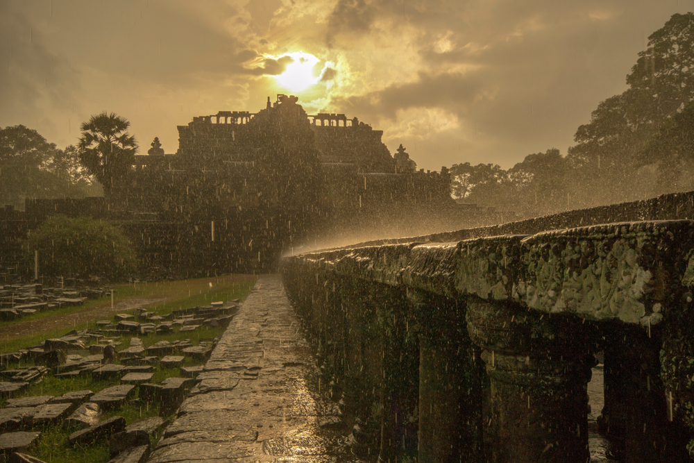 Rain on a beautiful evening over the temple of Angkor during the monsoon season, the worst time to visit Cambodia