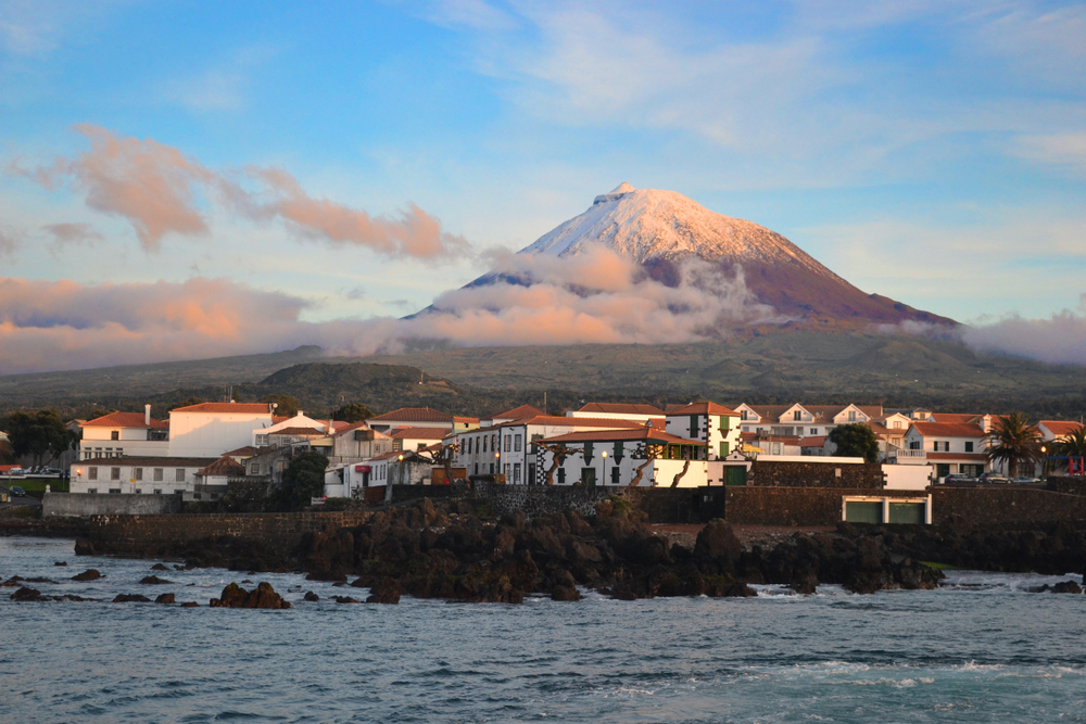 View of Montanha do Pico volcano at sunset during the worst time to visit the Azores