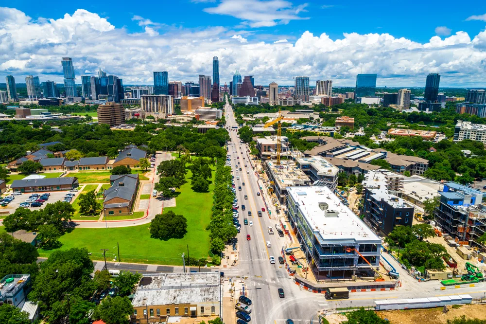 Aerial image of Soco, or south congress, pictured for a piece on where to stay when visiting Austin