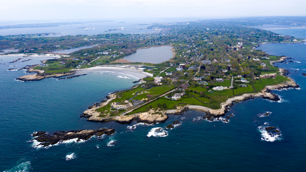 Aerial view of places to stay in Newport RI with surrounding areas in sight