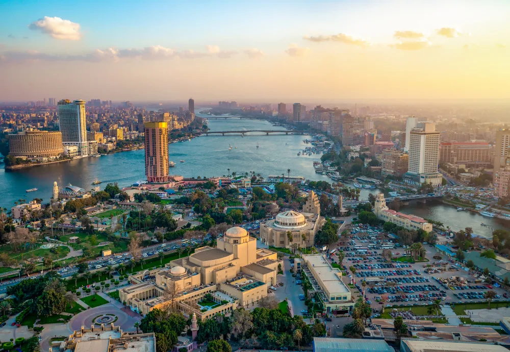 Sun rising over the city of Cairo with the river down the middle