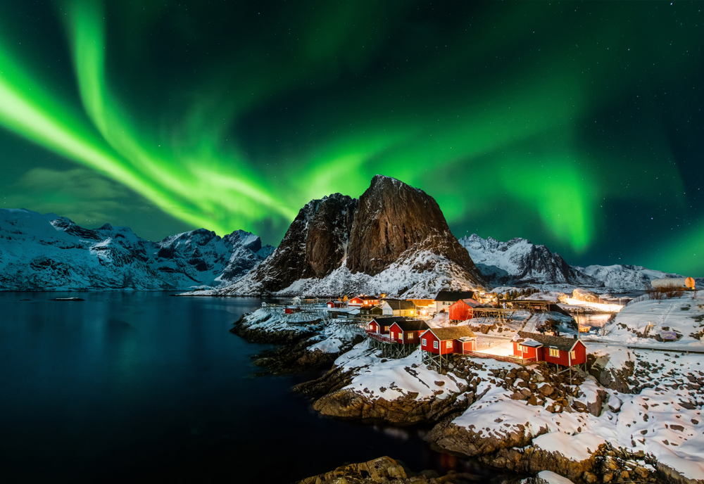 Gorgeous view of the Northern Lights over Hamnoy in Finland