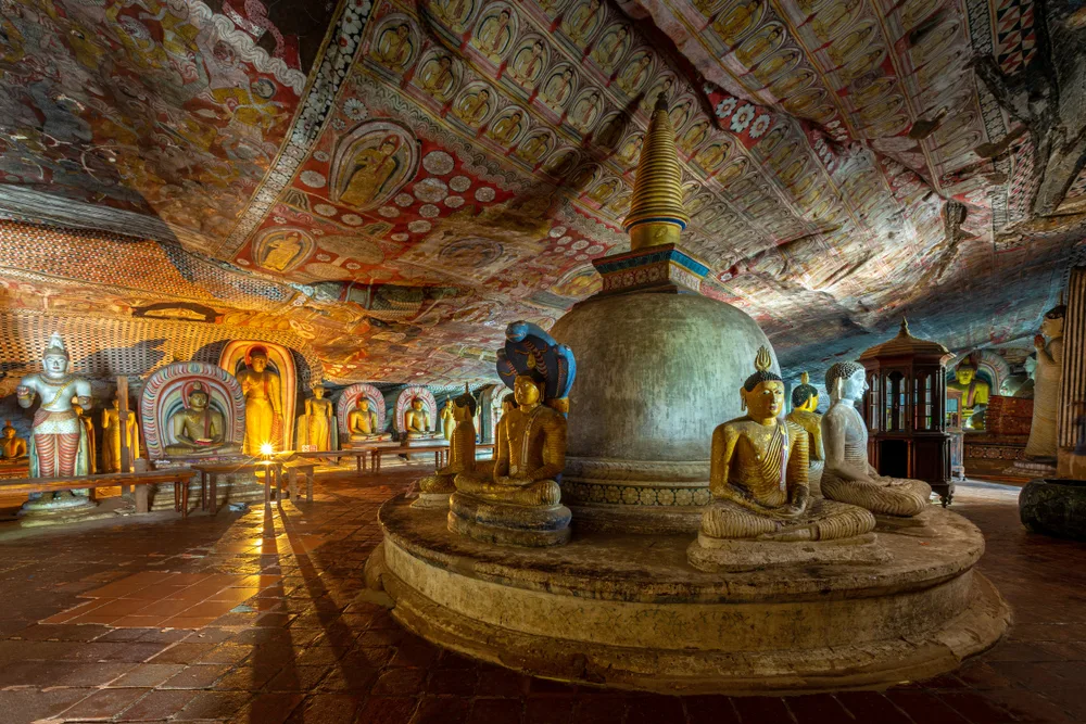 Super neat view of the Dambulla cave temples in Sri Lanka, pictured during the best time to visit with little to no visitors in sight