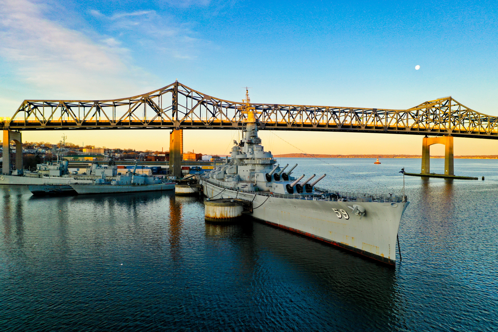 Aerial drone view of Battleship Cove in Fall River for a piece on where to stay in Newport RI