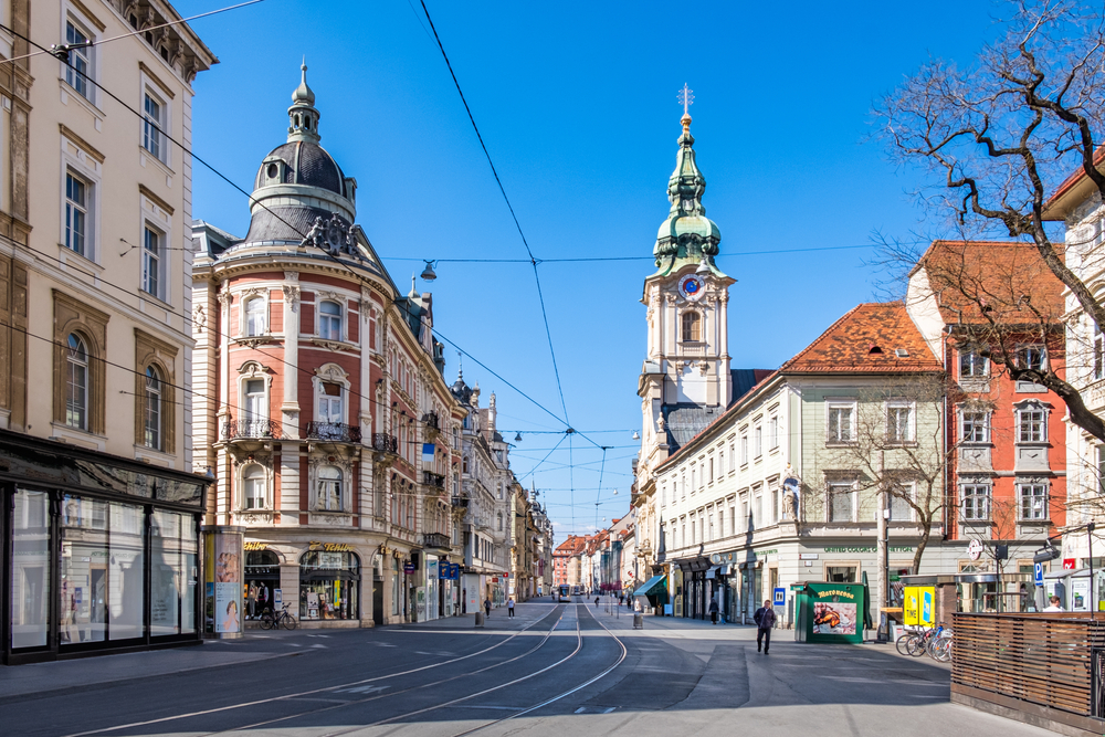 The historic town of Graz pictured toward the end of winter in March during the least busy time to visit Austria