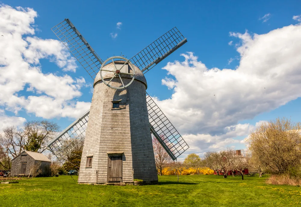 Shingled smock windmill at Prescott Farm among the best places to stay in Newport RI located in Middletown RI