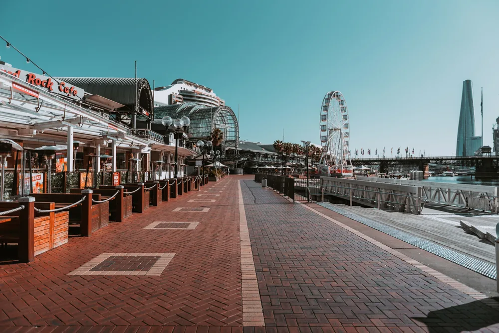 Empty streets on the walkway at Darling Harbour pictured during the least busy time to visit Sydney Australia