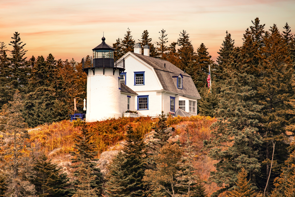 Photo of Bear Island Lighthouse sitting on the side of a hill and protruding up from the forest, surrounded by pine trees