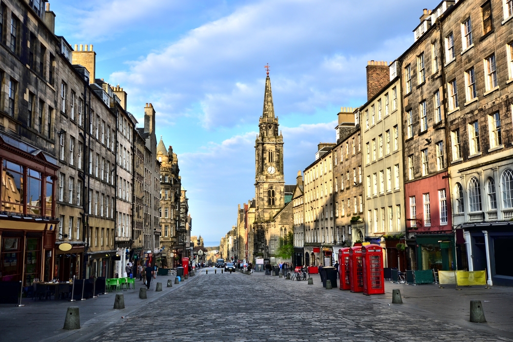 Walking POV of the historic Royal Mile in Edinburgh, Scotland, pictured during the least busy time to visit the United Kingdom