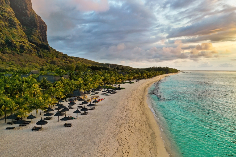 Aerial view of the serene beach of Le Morne-Brabant in Mauritius