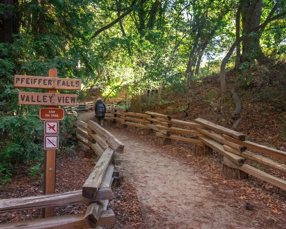 Empty trailhead to Pfeiffer Falls with a dirt path pictured during the least busy time to visit Big Sur