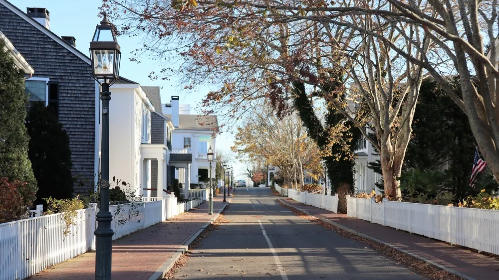 Photo from the POV of someone walking in downtown Edgartown during the Winter, the least busy time to visit Martha's Vineyard