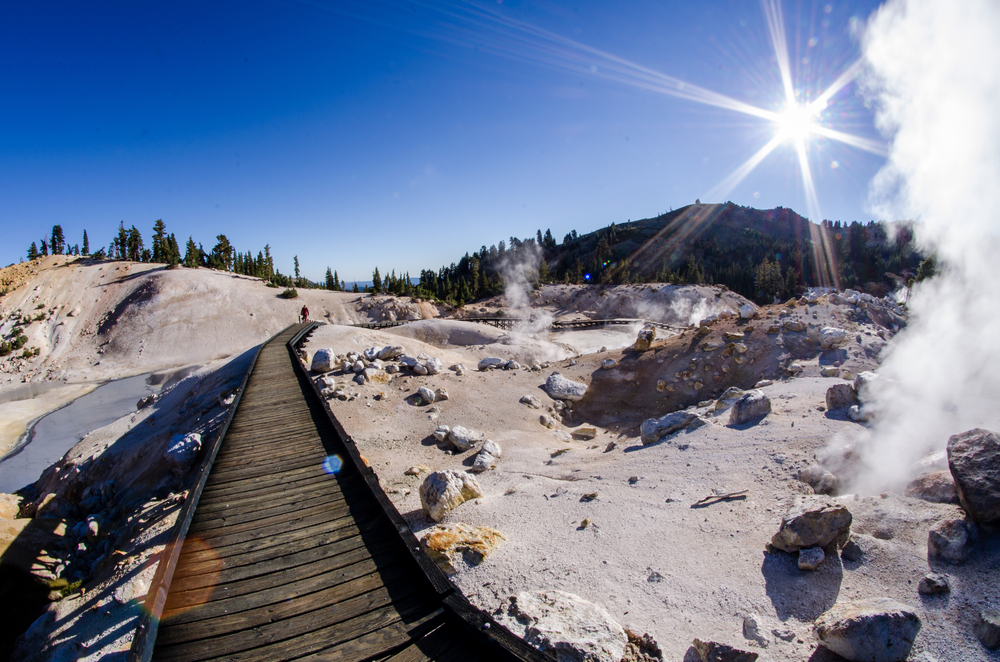 Bumpass hell as seen from a fisheye lens during the least busy time to visit Lassen Volcanic National Park, 