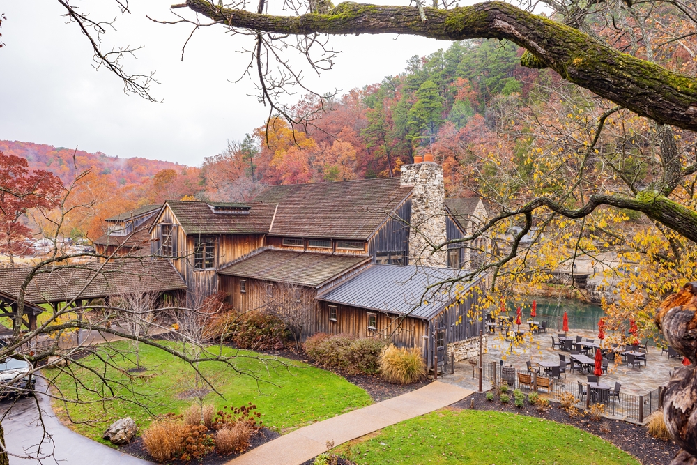 View of main building at Dogwood Canyon Nature Park during fall, the least busy time to visit Branson