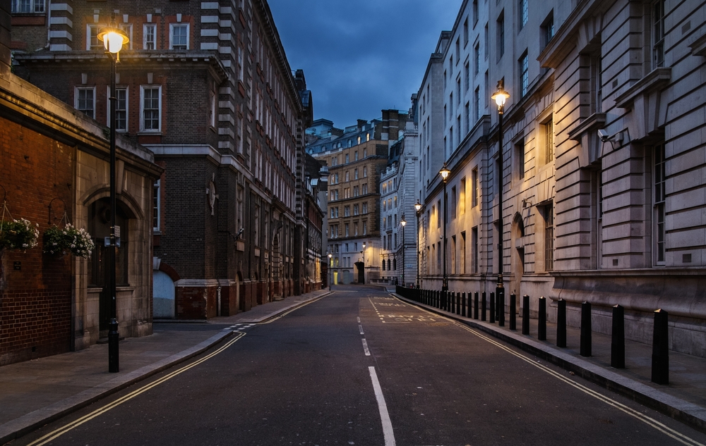 Empty street in London at night during the least busy time to visit England