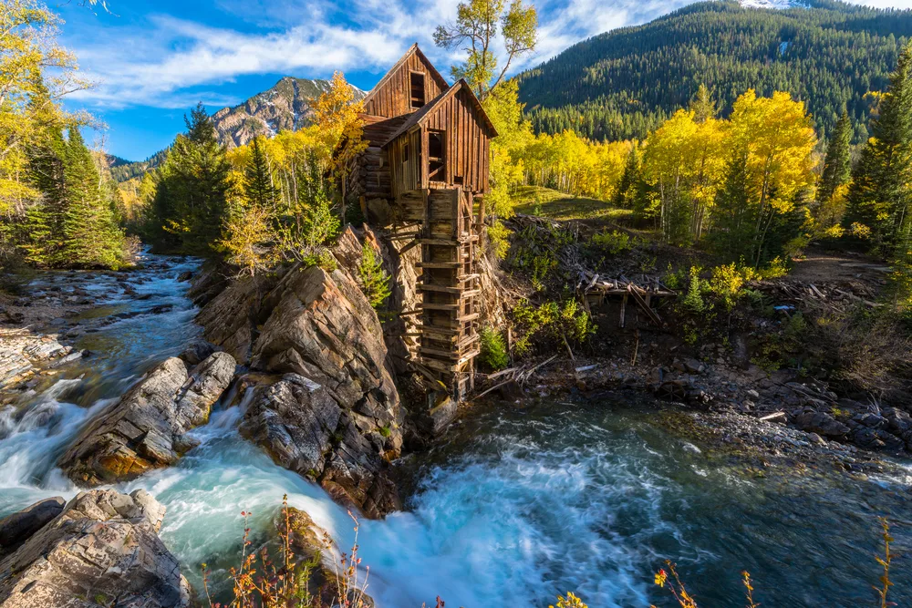 Crystal Mill Wooden Powerhouse as seen from across the river for a piece on the best time to visit Aspen Colorado