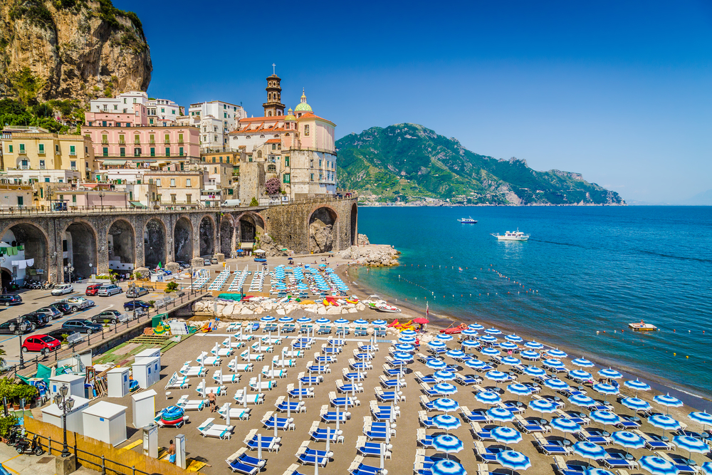 Postcard-worthy view of Atrani with the Gulf of Salerno in Campania, pictured during the best time to visit the Amalfi Coast
