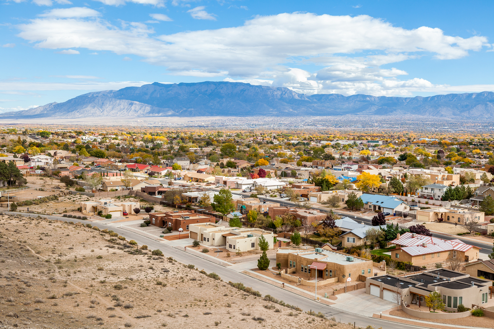 Residential suburbs pictured in February, the cheapest time to go to Albuquerque