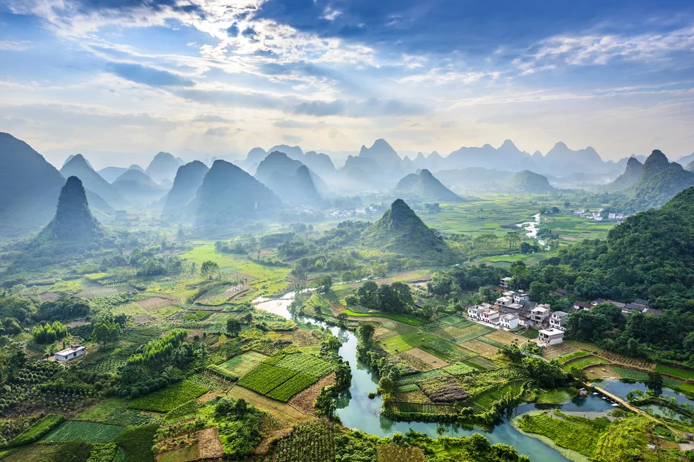 Aerial view of the landscape of Guilin on the Li River during the overall best time to visit China